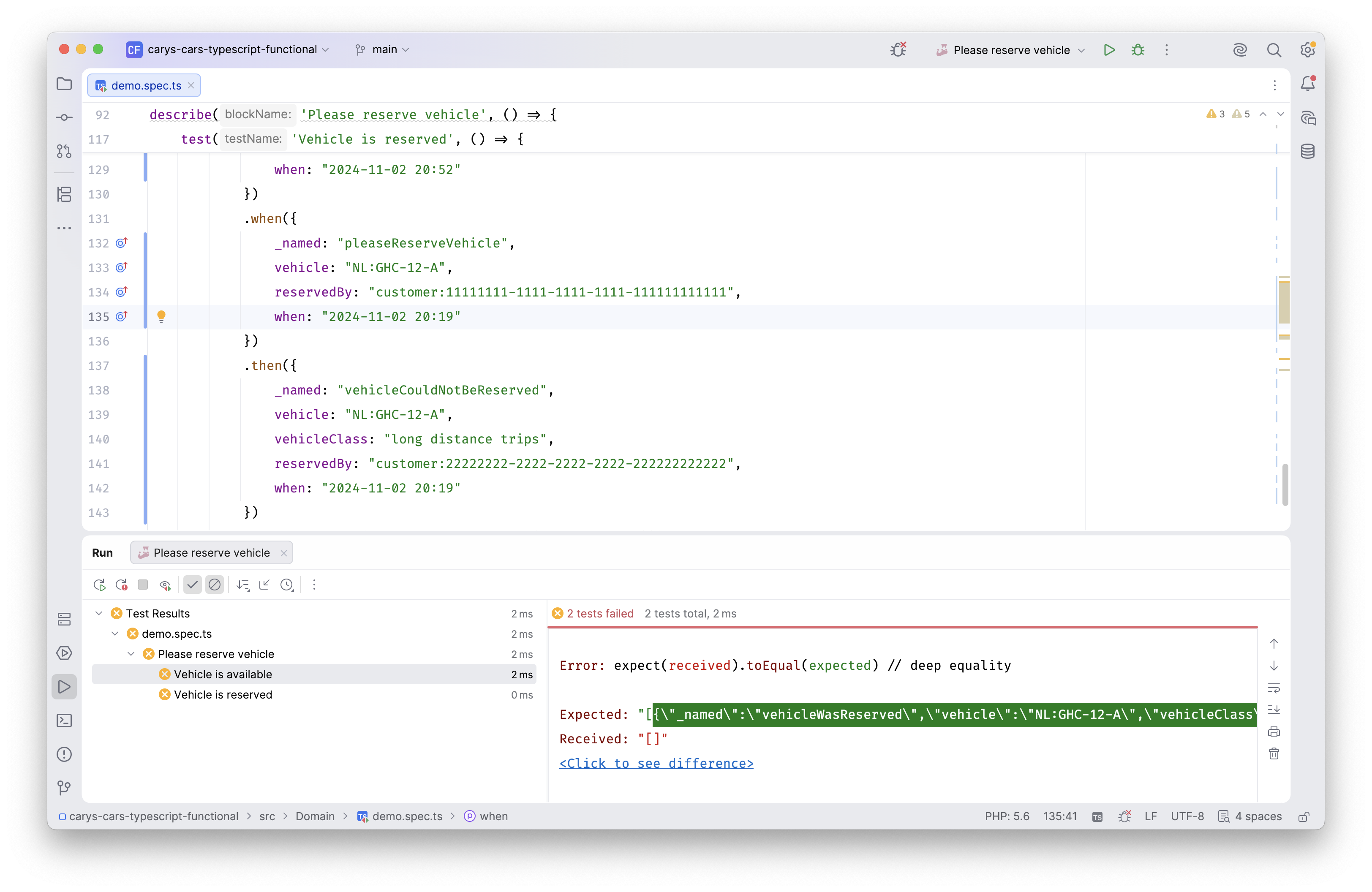 Failing test specification in the IDE that proves the system does not yet behave as intended